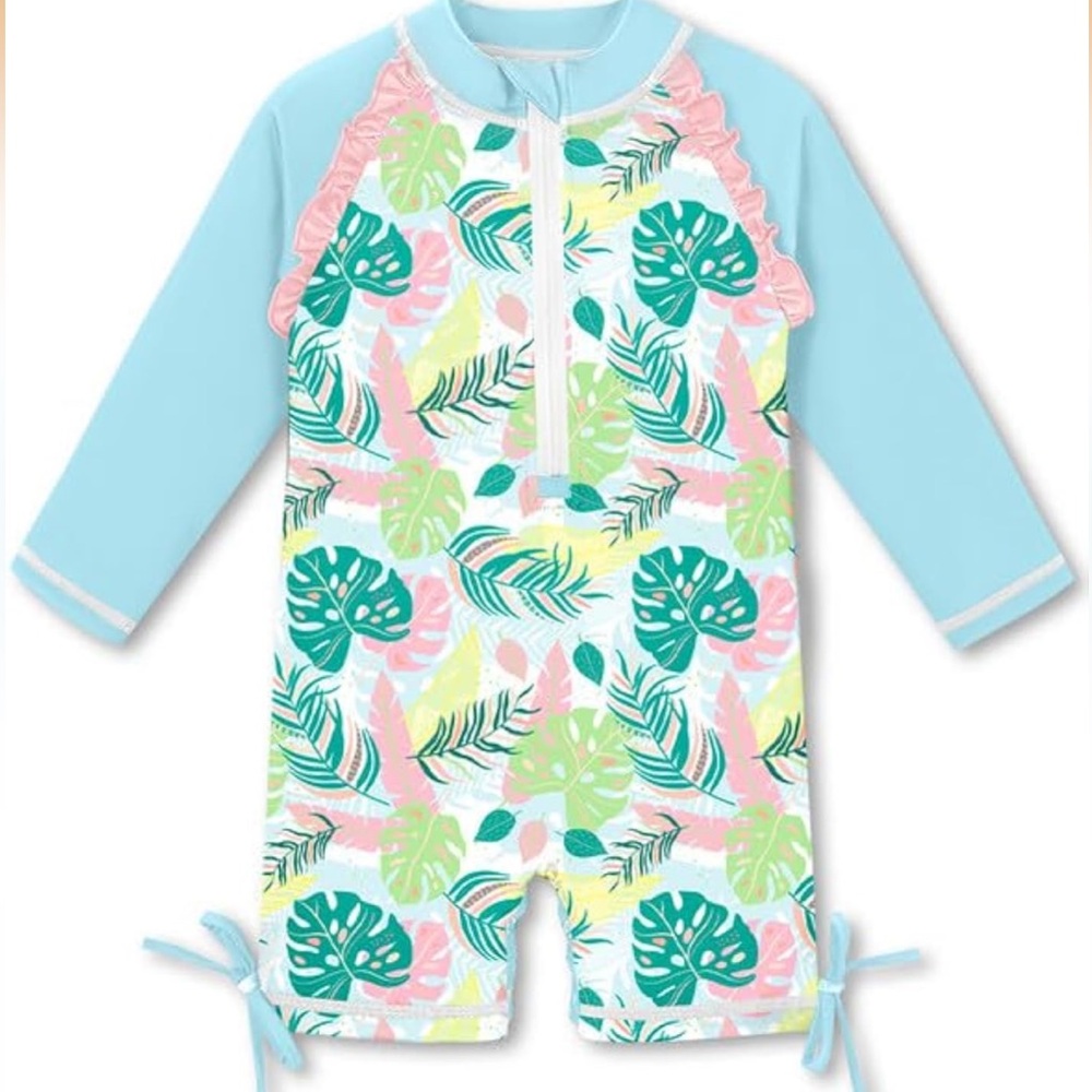 Tropical Leaf Print Kids Swimwear